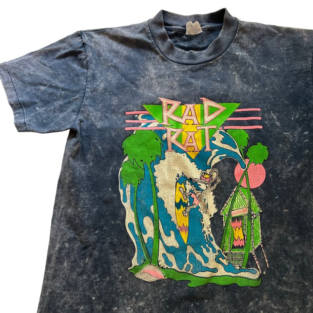 Vintage 1980s Rad Rat Navy Neon Acid Washed T-Shirt, M